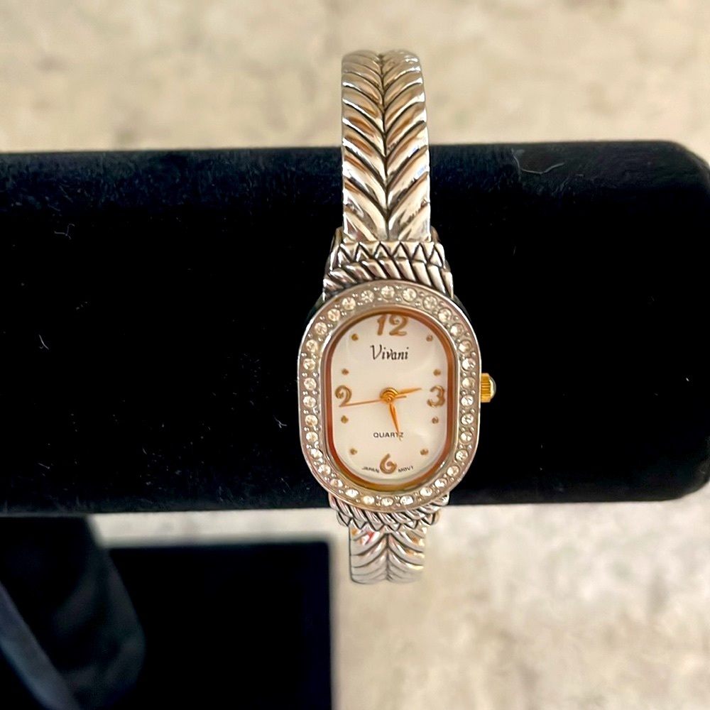 Vintage Bracelet Watch Silver Tone w/Gold Accent and White Crystals